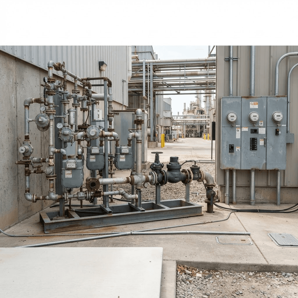 Illustration of industrial utility meters for gas, water, and electricity.