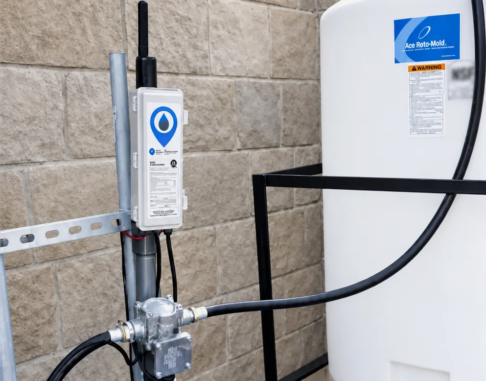 WellAware edge device with antenna mounted on a pole beside a chemical tank and injection pump